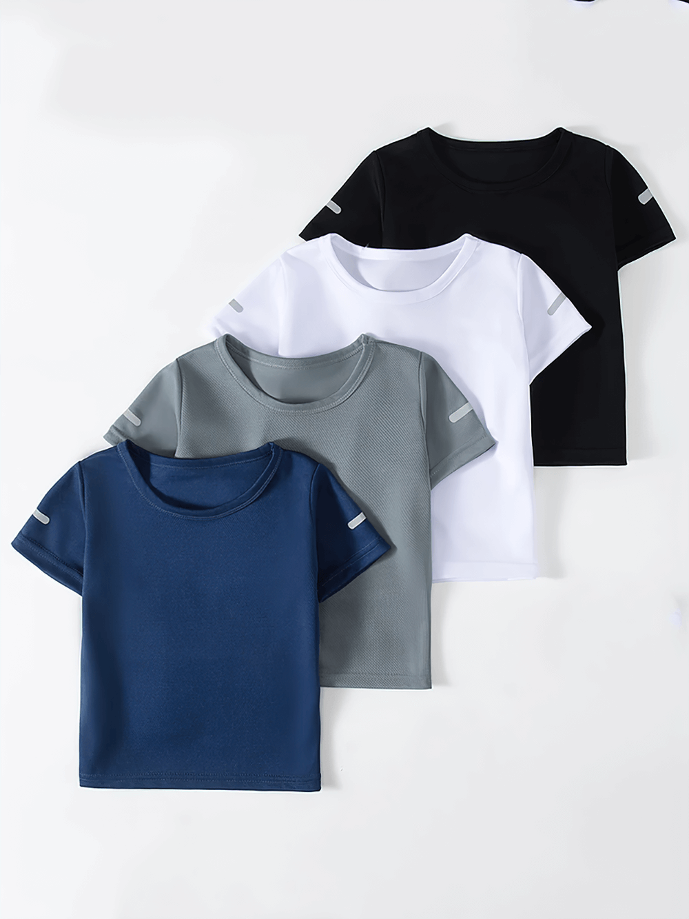 Set of four quick-drying performance short-sleeved T-shirts in black, white, grey, and navy for athletic and daily wear.
